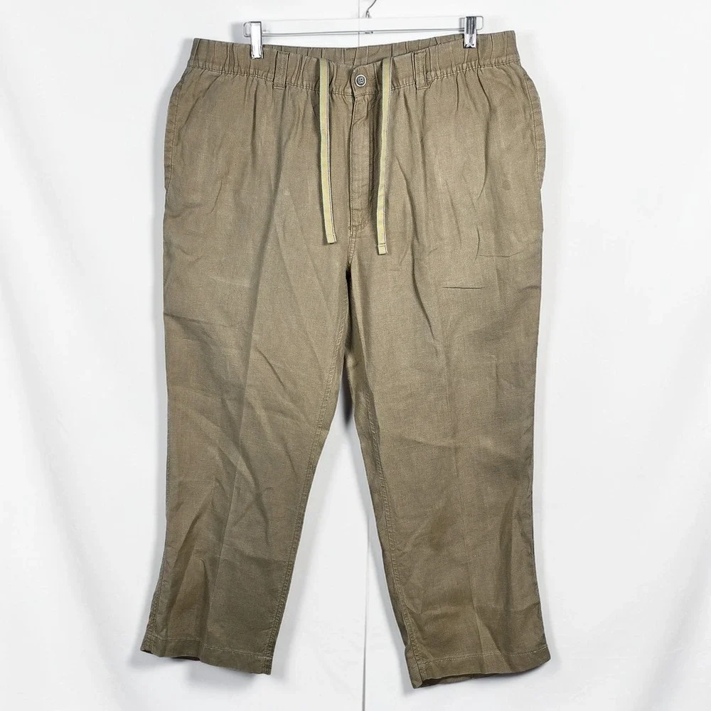 Caribbean Mens 100% Linen Pants Tan Khaki Elastic Drawstring Casual 40x32 (26.5)